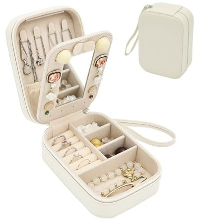 Boxudeli schmuckkästchen klein mit Handschlaufe, kleine Schmuckschatulle aus PU-Leder mit Spiegel, Reiseschmuckschatullen für Frauen und Mädchen, Schmuckorganizer-Aufbewahrungsbox (beige)