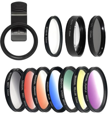 52MM Phone Camera Lens Kit, 10x Macro, CPL Polarizer, 6 Point Star Filter, Phone Filter Set Including 7 Graduated Colour Filters Compatible with iPhone 15 14 13 PRO and Other Smart Phones