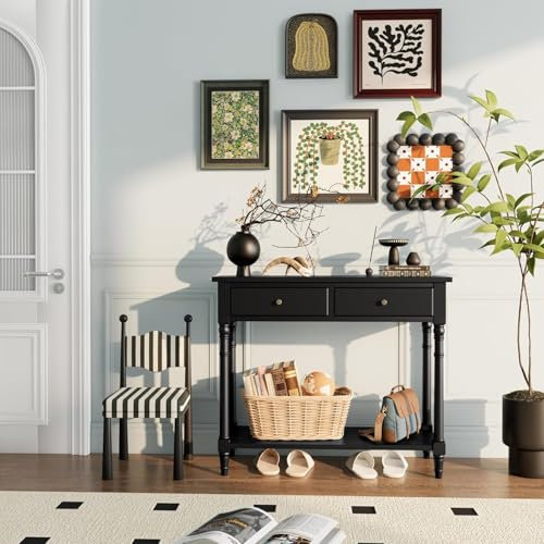 PADMA HOUSE Console Meuble en Bois Massif avec 2 tiroirs Table Console avec étagère de Console d'entrée de Hall d'entrée étroite pour 2 Niveaux Table d'entrée de Salon (Noir)