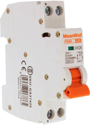 MeanWell Disjoncteur modulaire, Disjoncteur magnétothermique Courbe C, 1P+N 6kA, Slim 1 module DIN, Miniatures Circuit Breaker, MCB 1P+N C25 25A