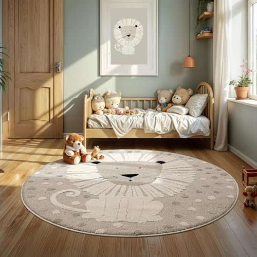 the carpet Jungle Kids Teppich für Kinderzimmer, Kinderteppich, 3D-Effekt, Pflegeleicht, strapazierfähig, Löwe, 120 cm Rund