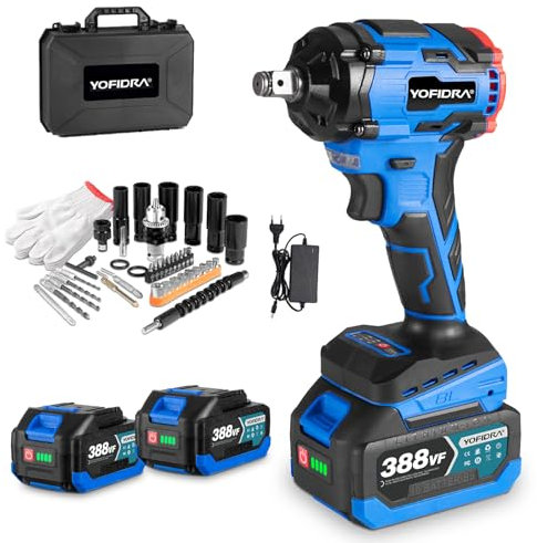 Yofidra Atornillador de impacto inalámbrico (450 Nm, 18 V, sin escobillas, incluye 2 baterías de 3,0 Ah, 1/2 pulgadas, juego de 44 piezas, para cambio de neumáticos y coche)