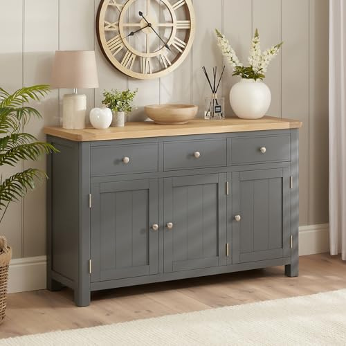 The Furniture Market Marbury Slate Grey Painted | Large Sideboard | Wooden Storage Cabinet | 3 Drawers | 3 Cupboards | Adjustable Shelves | Fully Assembled | H 850 x W 1370 x D 420mm