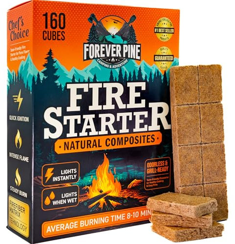 Fire Starter Cubes, 160 pcs - Easy BBQ Ignition - Natural, Waterproof & Odorless Firestarter Squares for Campfire, Charcoal Grill, Outdoor Fire Pit, Wood Stove, Fireplace, Logs - Camping Essentials
