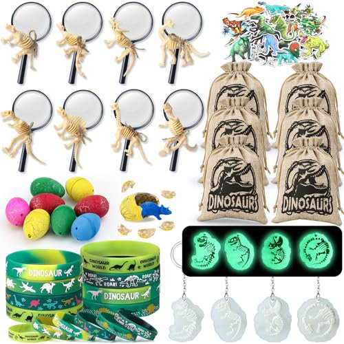 Toyssa Dino Mitgebsel Kindergeburtstag Jungs mit Lupe Kordelzugbeutel Leuchtende Schlüsselanhänger Dino Eier Skeleton, Dinosaurier Piñata Füllung Give Aways Mitbringsel für Jungen Kinder