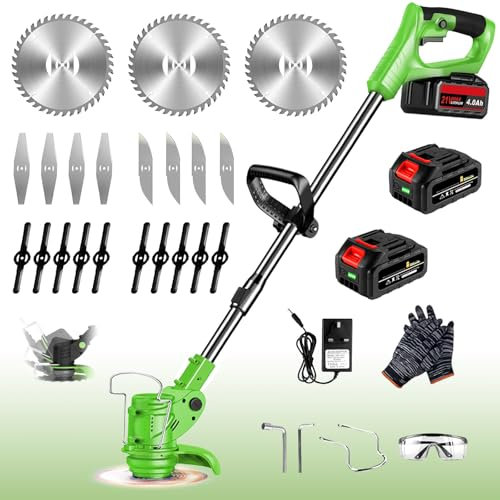 Strimmer Cordless Telescopic Lightweight Grass Trimmer Garden Strimmer Electric Cordless with 2 × 21V Lithium Battery Fast Charger and Four Kinds Spare Blades Brush Cutter for Garden Clearing Weeds