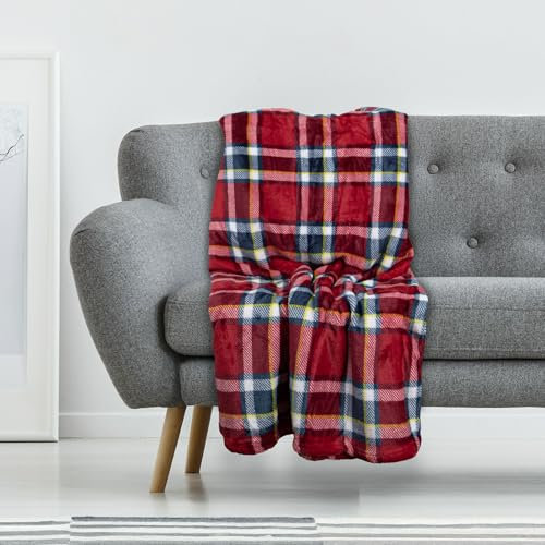 Sono a casa - Morbidissimo Plaid in Microfibra di Alta Qualità - 130 x 160 cm - Caldo e Avvolgente per Tutto l'Anno - Perfetta per Divano e Letto (Scozzese Rosso)