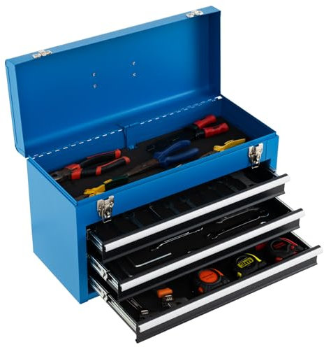 HOMFME 3 Drawer Tool Box, Lockable Tool Storage Box with Latch System, Top Layer, Bearing Slides, EVA Mats, Tool Chest Heavy-Duty Tool Storage Cabinet for Workshop Garage, 52x22x 31cm (Blue+Black)