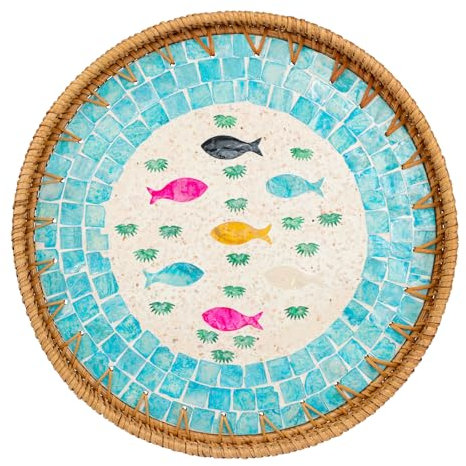 Larber Rattan Vassoio di Servizio Tondo Rattan Vassoio Tondo con Madre di Perla Inlay per la Casa Decorazione Caffè Pane Frutta Cibo Storage Table Decorazione