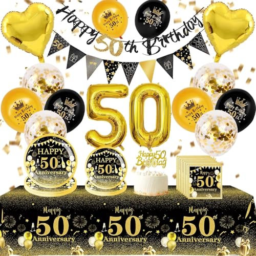 Black Gold 50th Birthday Party Decorations Tableware Set Include 50th Happy Birthday Banners, Balloons, Tablecloth, Plates, Serviettes and Cake Topper, for Men Women Party Supplies Decor