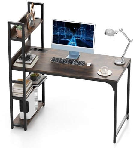 LIFEZEAL Escritorio de Oficina con Estación de Carga USB Tipo-C y 2 Enchufes - Mesa de Trabajo de Madera con 3 Estantes y Estructura Metálica - 120x65x130 cm (Marrón)