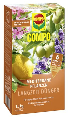 COMPO Mediterrane Pflanzen Langzeit-Dünger, 1,5 kg, Granulat | Spezialdünger für alle mediterranen Pflanzen wie Oleander, Olive und Zitrus, lang anhaltende Wirkung