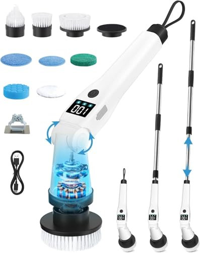 Electric Spin Scrubber, Cordless Bathroom Power Cleaner with 4400mAh Battery Easy Cleaning Kits, Adjustable Angle Telescopic Handle, 8 Replaceable Brushes for Shower Tub Floor Tile Grout Cleaning