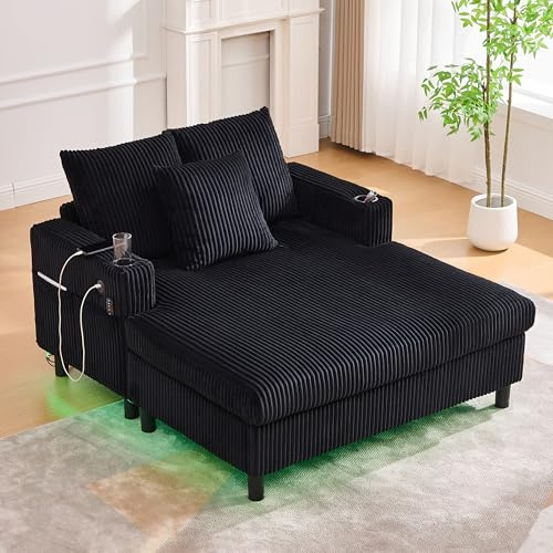 Soweiz Sofa, weicher Chaiselongue-Liegesessel mit seitlichen Getränkehaltern, USB-Anschlüssen, integrierter LED-Ambiente-Beleuchtung – für Wohnzimmer, Schlafzimmer, 142x128x85cm (Schwarz)