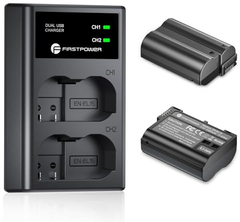 FirstPower EN-EL15 /EL15A/EL15B/EL15C Batteries 2-Pack and USB Dual Charger Compatible with Nikon Z6 Z7 D610 D750 D850 D7200 D7000 D7100 D7500 D500 D600 D780 D800 D800e D810 D810a Cameras