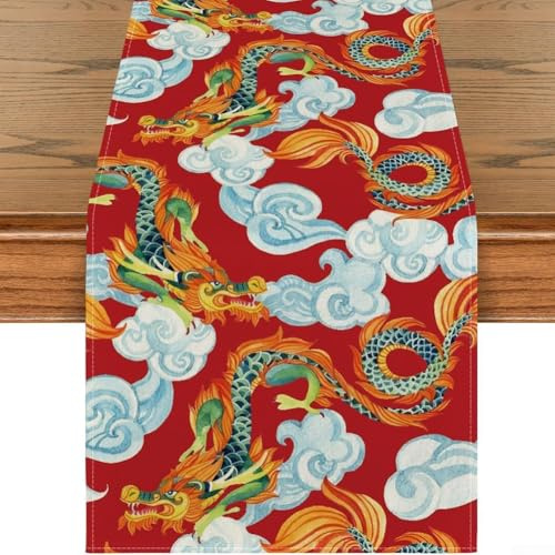 Jonikuper Lot de 4 chemins de table chinois rouge et jaune pour le dragon du zodiaque - 33 x 183 cm - Pour le Nouvel An, le printemps, la cuisine, la salle à manger (chemin de table C)