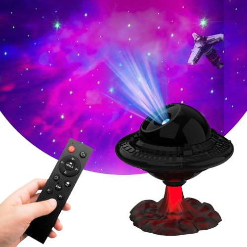 Night Lights Star Projector Flying Saucer Shape Ornaments with Remote Control 2 Timing Modes LED Lamp UFO Design Atmosphere Projection for Home Bedroom Gaming Room Decoration Birth