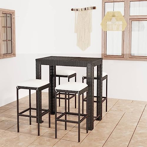 Tonture 5-TLG. Gartenbar-Set mit Kissen, Poly Rattan Schwarz, Bartisch 100x60,5x110,5cm, 4 Barhocker, wetterfest für Außenbereich, Terrasse, Balkon
