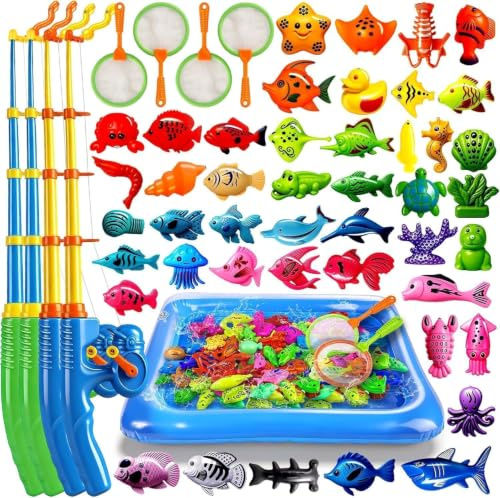 Jeu de Pêche à la Ligne Magnétique XXL 56 Pcs avec Pataugeoire - Jouet d'eau & Piscine pour Enfant 3 4 5 Ans - Set pour Plage, Jardin & Bain incluant 4 Cannes à Pêche, 4 Épuisettes & Pompe