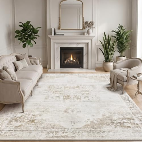 Sour Lemon Vintage Boho Wohnzimmer Teppich 200x300cm Orientalischer Retro Kurzflor Teppich rutschfest Maschinen Waschbar Moderner Dekorteppich für Schlafzimmer Esszimmer Flur Büro Kinderzimmer Beige