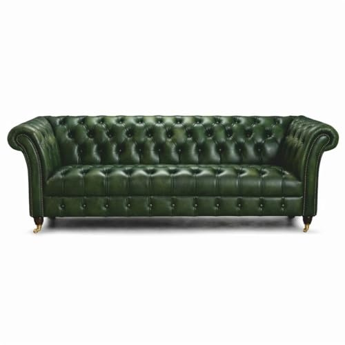 Casa Padrino Luxus Chesterfield Leder 3er Sofa Grün 235 cm - Echtleder Möbel