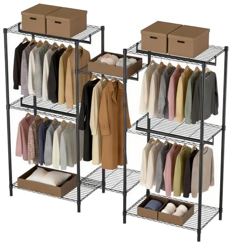 XYJBHB Kleiderschrank System Offen, Schwerlast Kleiderständer mit 6 Regalböden und 5 Kleiderstangen, Garderobe Metall Metallregal für Schlafzimmer & Ankleidezimmer, 188,5 x 183 x 43,5 cm, Schwarz