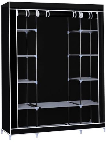 Herzberg, Armoire de Rangement, 4 étagères (2 en Haut et 2 en Bas),2 Barres de Suspension Mobiles revêtues de Poudre, Une Armoire Portable avec Une Structure Robuste, 150x45x175 cm, Noir