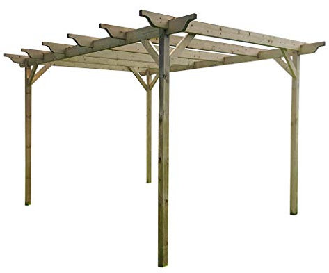 Wooden Garden Structure Pergola 4.8m x 4.8m - 6 Posts - Light Green - Sculpted Rafters - Hand Made Arbour From Pressure Treated Timber
