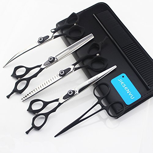 JIESENYU 7.0 in. Pro Fellschere Scharfe Kanten Schneiden + Gebogen + 2thinning Schere 4 Pcs Set für Fellpflege, für Hunde, 7.0inch, Schwarz