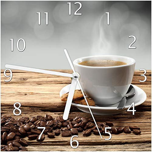 Wallario Design-Wanduhr Heiße Tasse Kaffee mit Kaffeebohnen aus Glas, Motiv-Uhr Größe 20 x 20 cm, weiße Zeiger