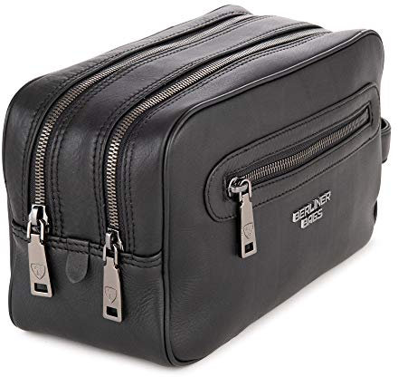 Berliner Bags Premium Kulturbeutel Max, Große Kulturtasche, Waschtasche aus Leder mit 2 Fächern, Kosmetiktasche für Damen und Herren zum Reisen - Schwarz