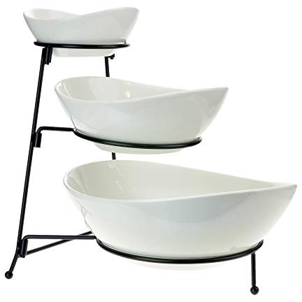 Roe & Moe 3 Tier Serving Stand Ceramic Bowl Set with Metal Rack, Tiered Bowls for Parties Candy Appetizer Dessert Fruit Cake Veggies Chips & Dip