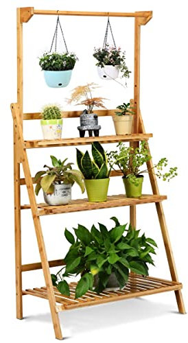 GIANTEX Porte Plante Pliable,Étagère pour Plantes en Bambou avec 3 Etages, Jardinière Verticale avec Tige Suspendue, Etagere Echelle pour Terrasse, Balcon,Patio 70 x 40 x 120–144 cm