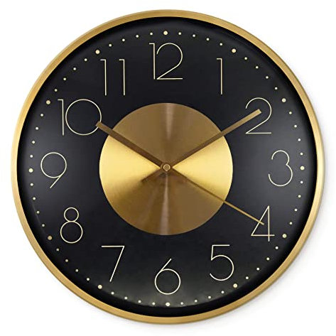 K&L Wall Art Goldene Aluminium Wanduhr 30cm Durchmesser ohne Tickgeräusche für Wohnzimmer Schlafzimmer Büro lautlose Feng Shui Deko Gold Schwarz Wanduhren