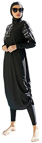 OBEEII Muslimisches Badeanzug-Set für Damen Sexy Bikini des Badeanzugs der Frauen Sommerliches Arabisches Langarm Badeanzug Set mit Hijab Modest Muslim Swimwear Schwarz02 XL