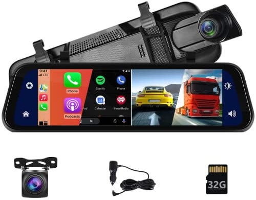 Hodozzy Spiegel Dashcam Carplay Wireless Android Auto Bluetooth 9,66 Zoll IPS Touchscreen Frontkamera Rückfahrkamera wasserdichte Nachtsicht WDR Autokamera Rückspiegel Parkmonitor 32G TF-Karte FM AUX