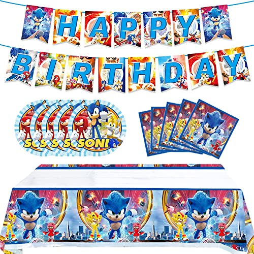Suministros para fiesta de cumpleaños Sonic2, 32 piezas de decoraciones de Sonic para fiestas de cumpleaños, mantel, platos y servilletas