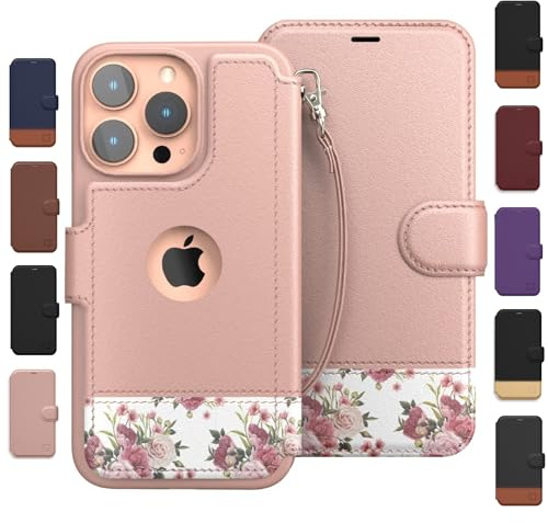 Compatible with iPhone 14 Pro Max Wallet Case for Women and Men, Case with Card Holder [Slim & Protective] for Apple 14 Pro Max (6.7”), Vegan Leather i-Phone Cover, Floral Charm [Includes Wristlet]