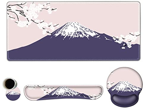 ARTSO Large Mouse Pad Set Ergonomic Keyboard Wrist Rest Support, Memory Foam Gel Wrist Pad, Non-Slip Extended Desk Mat Protector, Pink Sakura Fuji Mountain