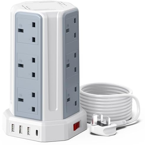 Tower Extension Lead 5M, [13A 3250W] 12 Way Extension Tower Multi Plug Extension Sockets with 4 USB Slots, Surge Protector Extension Cable 5M for Home, Office, Kitchen
