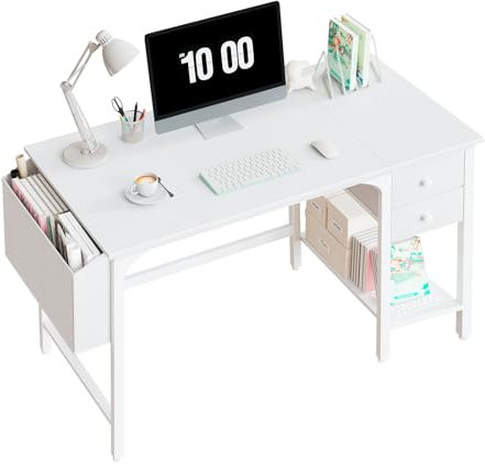 Lufeiya Schreibtisch Weiß mit Schubladen Regal,Schreibtisch klein 100cm Computertisch für Büro Wohnzimmer Schlafzimmer