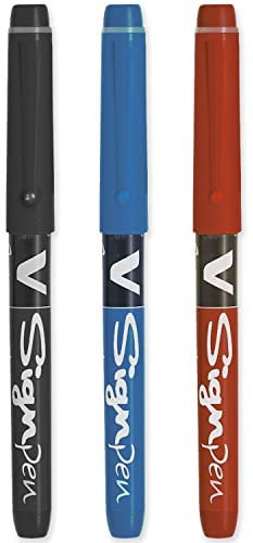 PILOT V Sign Pen - Fineliner Marker Pens - 2.0mm Nib Tip - 0.6mm Line Width - Essential Pack - Black, Blue & Red (3)