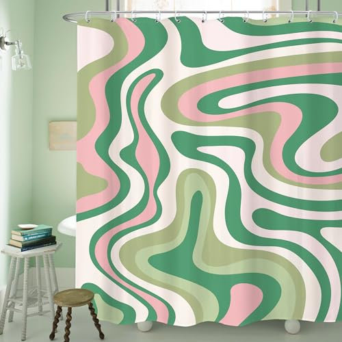 LIGHTINHOME Duschvorhang, abstrakt, rosa, grün, 152x 183 cm, Boho, groovig, bunt, Spiralwirbel, modern, ästhetisch, 2000er / 70er Jahre Retro, niedliches Dekor, wasserdichtes Polyester, mit Haken