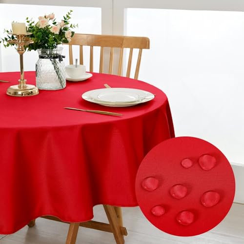 DWCN Rot Tischdecke Rund 140cm,Fleckschutz Abwaschbar Tischwäsche Wasserdicht Tischtuch für Esszimmer,Garten,Party,Hochzeiten oder Haushal
