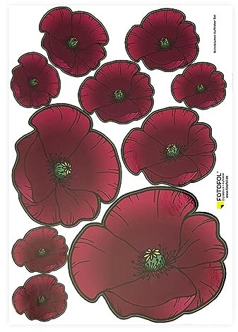 Mohnblumen Aufkleber Set- für Auto, Fahrzeuge, Roller, Moped, Motorrad-Helm, Fahrrad, Laptop, Smartphone - Kühlschrank, Möbel, Mülltonne (Dunkel Bordeaux)