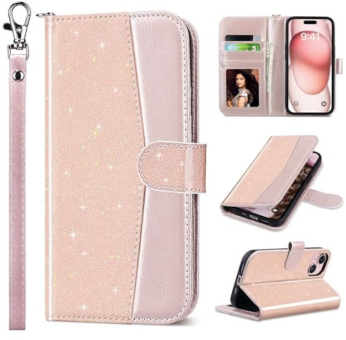 ULAK for iPhone 15 Case Wallet, Flip Case with Card Holder PU Leather + TPU Bumper Stand Cover Kickstand Full Protective Phone Case for iPhone 15 6.1 inch - Pink Glitter