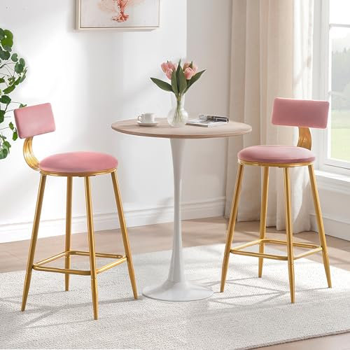 LIFUSTTG Velvet Bar Stools Set of 2, Pink Counter Height Barstools with Back, Modern Round Counter Stools and Gold Metal Kitchen Height for Bar Pub Cafe (24 or 29 Inch)