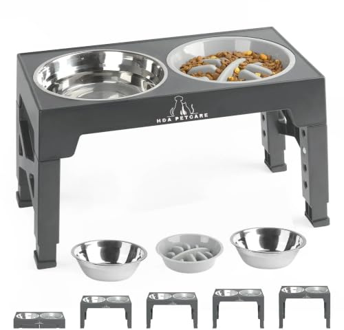 Raised Dog Bowl Stand,4 Adjustable Heights, 1 Slow Feeder And 2 Steel Bowls | Elevated Dog Bowls-Eases Neck-Sturdy Base-Light Weight Design-Dishwasher-Safe Bowls-feeding Station
