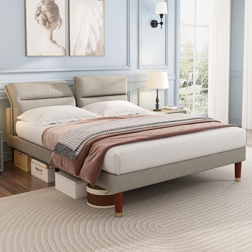 Kehun Polsterbett Doppelbett 160×200 cm, Bett mit Verstellbarem Kopfteil und Lattenrost aus Holz, Stauraum unter dem Bett, Leinen, Beigegrau, Ohne Matratze
