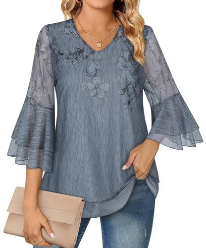 Syphiby Chiffon Blouses for Women UK Ladies Evening Tops Ladies Chiffon Tops Ladies Blouses Casual V Neck Ruffle 3/4 Sleeve Dressy Tops Women Loose Fit Flowy Tunic Tops Swing Tops for Wedding